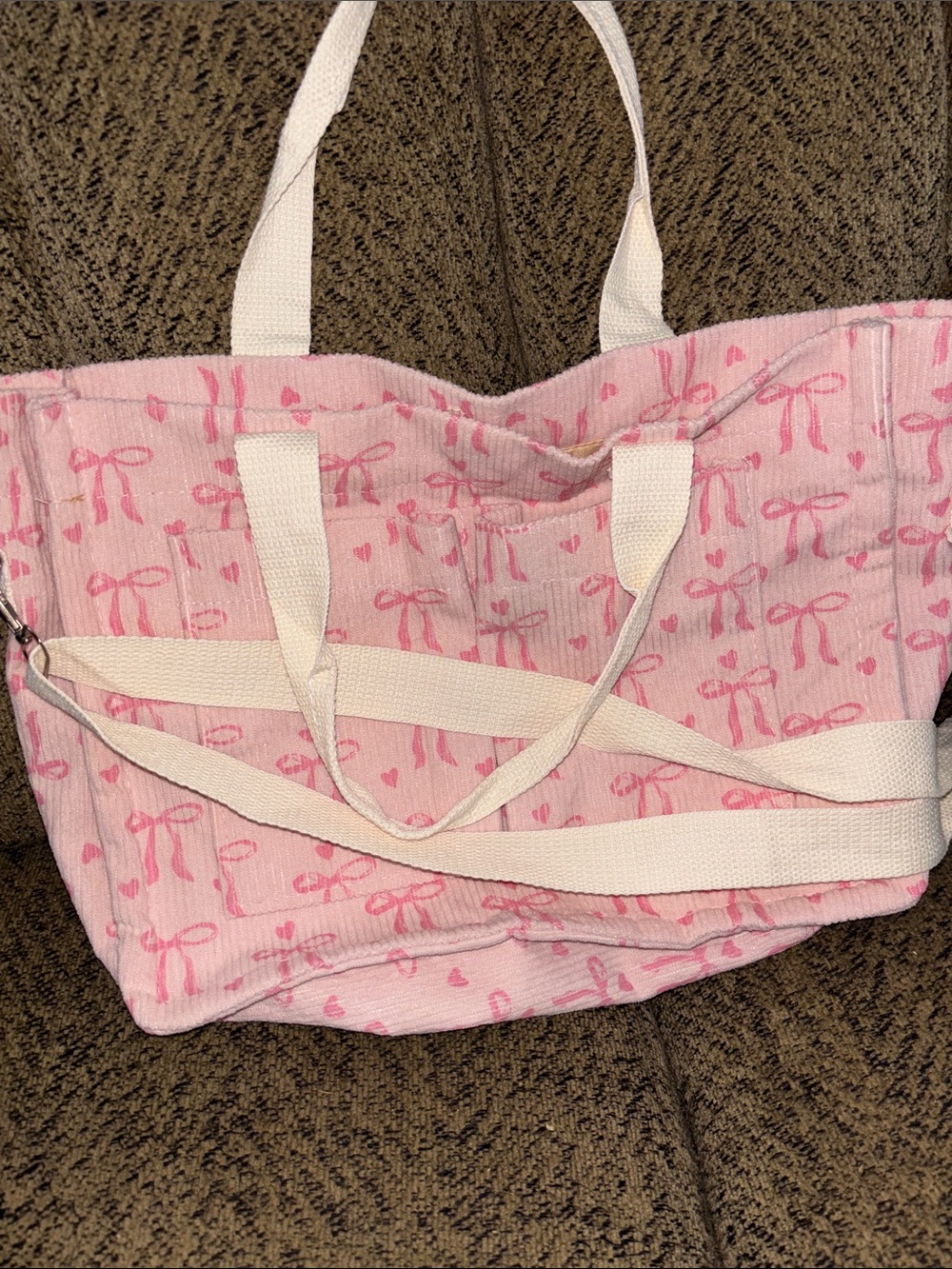 Pink corduroy bag with dark pink bows